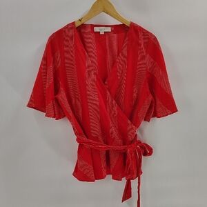 LOFT Dobby Stripe Wrap Blouse Size Large Red White Large Flutter Sleeve